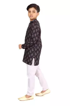 Boy's Black Cotton Printed Kurta Churidar