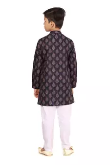 Boy's Black Cotton Printed Kurta Churidar