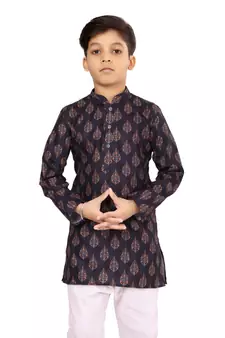Boy's Black Cotton Printed Kurta Churidar