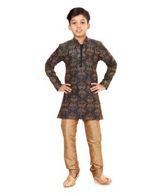 Boy's Black Resham Embroidered Dupion Silk Kurta Churidar 2