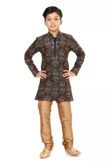 Boy's Black Resham Embroidered Dupion Silk Kurta Churidar