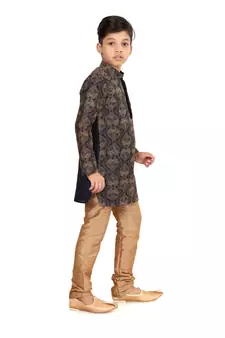 Boy's Black Resham Embroidered Dupion Silk Kurta Churidar