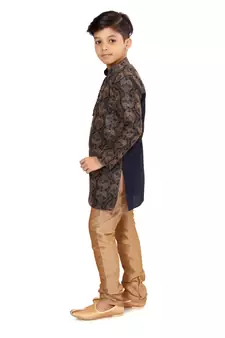 Boy's Black Resham Embroidered Dupion Silk Kurta Churidar