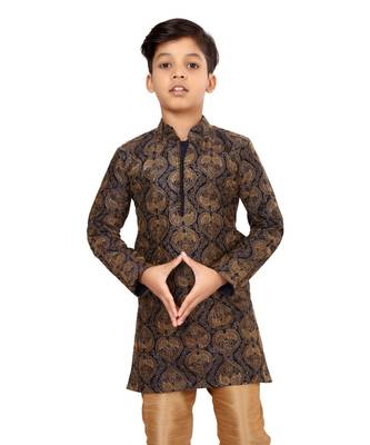 Boy's Black Resham Embroidered Dupion Silk Kurta Churidar 6