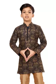 Boy's Black Resham Embroidered Dupion Silk Kurta Churidar