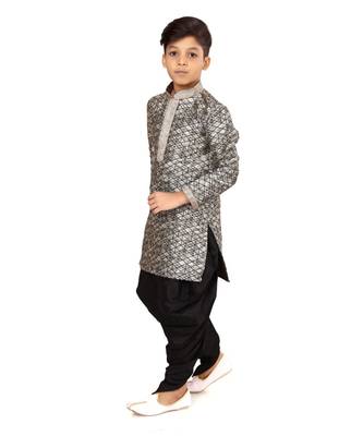 Boy's Silver Jacquard Silk Kurta Dhoti Set 3