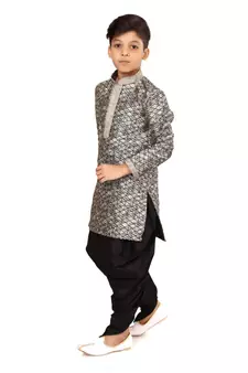Boy's Silver Jacquard Silk Kurta Dhoti Set
