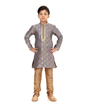 Boy's Steel Color Jacquard Silk Kurta Churidar Set 2