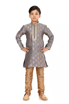 Boy's Steel Color Jacquard Silk Kurta Churidar Set
