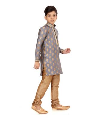 Boy's Steel Color Jacquard Silk Kurta Churidar Set 3