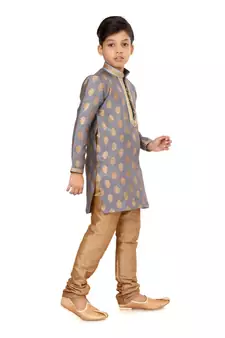 Boy's Steel Color Jacquard Silk Kurta Churidar Set