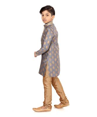 Boy's Steel Color Jacquard Silk Kurta Churidar Set 4