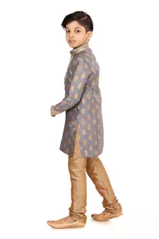 Boy's Steel Color Jacquard Silk Kurta Churidar Set