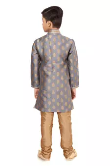 Boy's Steel Color Jacquard Silk Kurta Churidar Set