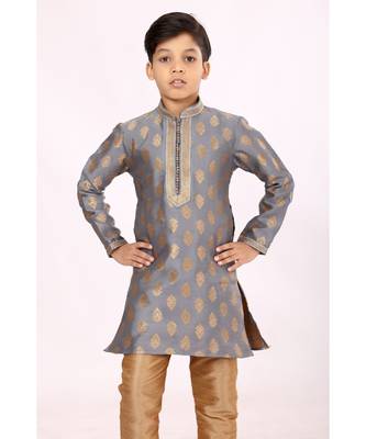 Boy's Steel Color Jacquard Silk Kurta Churidar Set 6