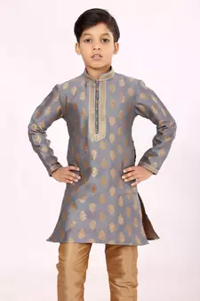 Boy's Steel Color Jacquard Silk Kurta Churidar Set