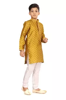 Boy's Yellow Color Blackberry Kurta Churidar Set