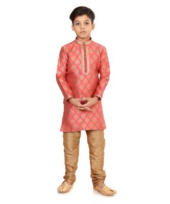 Boy's Peach Color Jacquard Silk Kurta Churidar Set 2