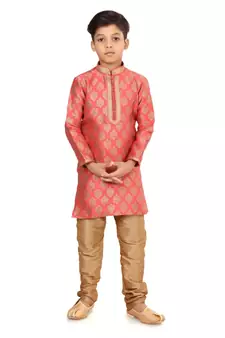 Boy's Peach Color Jacquard Silk Kurta Churidar Set