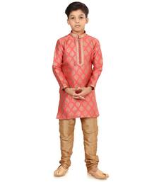 Boy's Peach Color Jacquard Silk Kurta Churidar Set