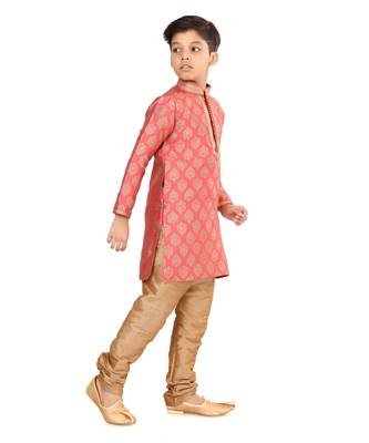 Boy's Peach Color Jacquard Silk Kurta Churidar Set 3