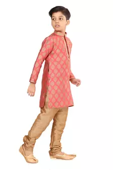 Boy's Peach Color Jacquard Silk Kurta Churidar Set