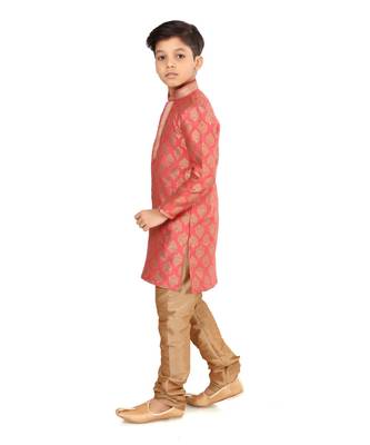 Boy's Peach Color Jacquard Silk Kurta Churidar Set 4