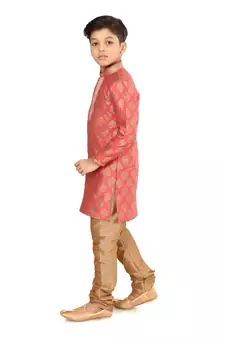 Boy's Peach Color Jacquard Silk Kurta Churidar Set