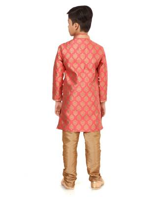 Boy's Peach Color Jacquard Silk Kurta Churidar Set 5