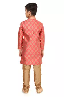Boy's Peach Color Jacquard Silk Kurta Churidar Set