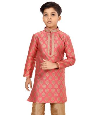 Boy's Peach Color Jacquard Silk Kurta Churidar Set 6