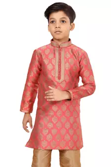 Boy's Peach Color Jacquard Silk Kurta Churidar Set