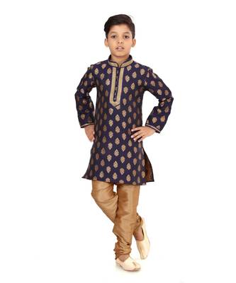 Boy's Navy Blue Color Jacquard Silk Kurta Churidar Set 2
