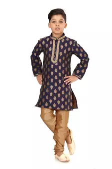 Boy's Navy Blue Color Jacquard Silk Kurta Churidar Set