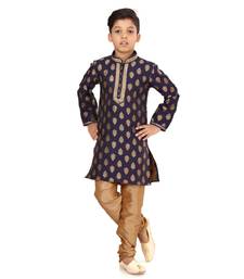 Boy's Navy Blue Color Jacquard Silk Kurta Churidar Set