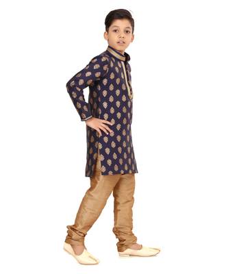 Boy's Navy Blue Color Jacquard Silk Kurta Churidar Set 3