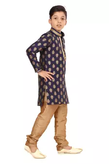 Boy's Navy Blue Color Jacquard Silk Kurta Churidar Set