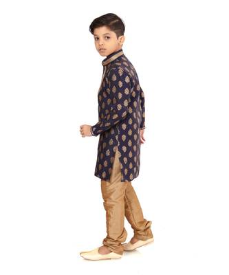Boy's Navy Blue Color Jacquard Silk Kurta Churidar Set 4