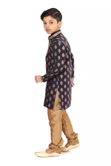 Boy's Navy Blue Color Jacquard Silk Kurta Churidar Set
