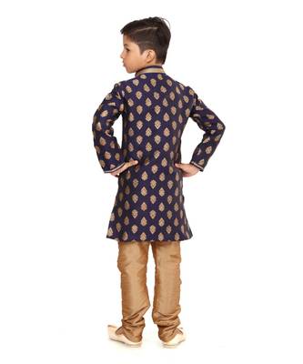 Boy's Navy Blue Color Jacquard Silk Kurta Churidar Set 5