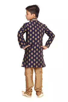 Boy's Navy Blue Color Jacquard Silk Kurta Churidar Set