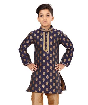 Boy's Navy Blue Color Jacquard Silk Kurta Churidar Set 6