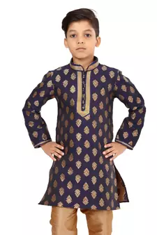 Boy's Navy Blue Color Jacquard Silk Kurta Churidar Set