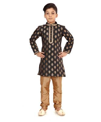 Boy's Black Color Jacquard Silk Kurta Churidar Set 2