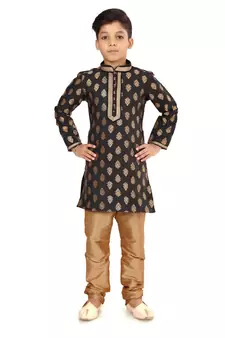 Boy's Black Color Jacquard Silk Kurta Churidar Set