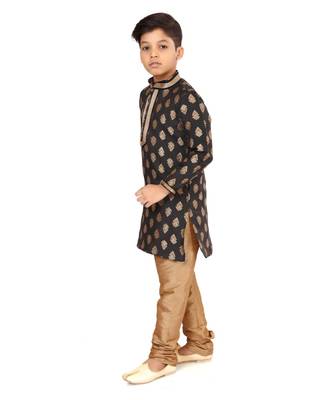 Boy's Black Color Jacquard Silk Kurta Churidar Set 3