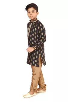 Boy's Black Color Jacquard Silk Kurta Churidar Set