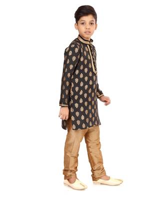 Boy's Black Color Jacquard Silk Kurta Churidar Set 4