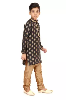 Boy's Black Color Jacquard Silk Kurta Churidar Set