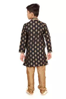Boy's Black Color Jacquard Silk Kurta Churidar Set